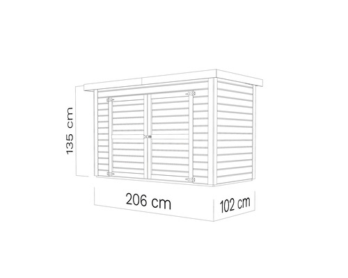 Abbildung eines Gerätehauses mit den Maßen 206 cm Breite, 102 cm Tiefe und 135 cm Höhe