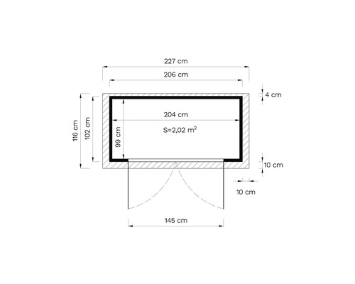 Grundriss mit Maßangaben in Zentimetern und Flächenangabe in Quadratmetern