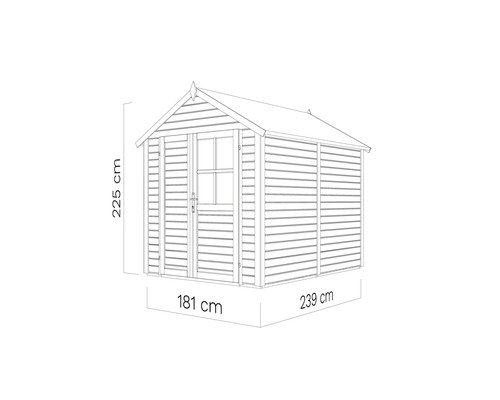 Illustration eines Gartenhauses mit den Maßen 181 cm x 239 cm x 225 cm.