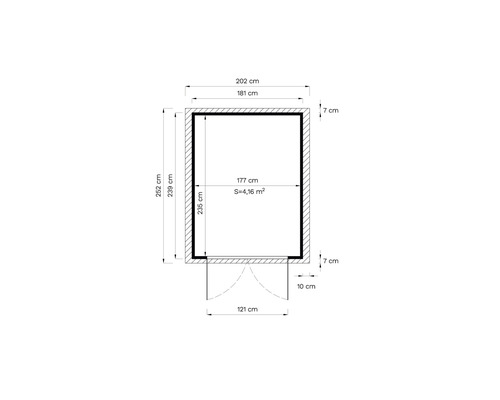 Grundrisszeichnung eines Gartenhauses mit Maßen.