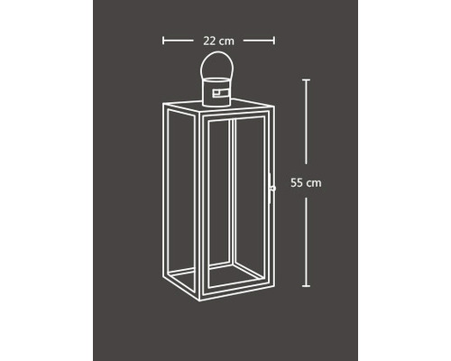 Skizze eines Windlichts mit den Maßen 55 cm Höhe und 22 cm Breite.