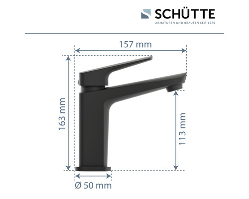 Schütte Armaturen Abmessungen: 163 mm Höhe, 157 mm Ausladung, 50 mm Durchmesser der Basis, 113 mm Höhe des Auslaufs