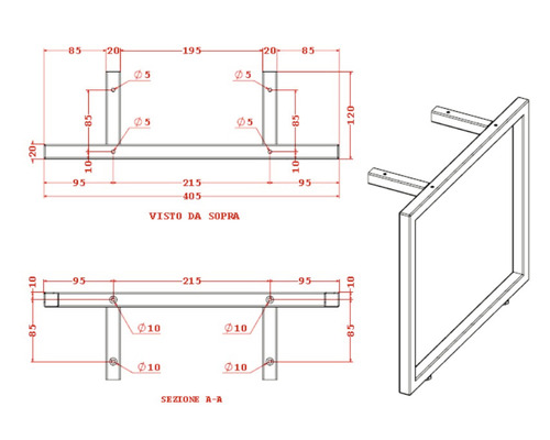 Technische Zeichnung eines rechteckigen Wandspiegels mit Maßen