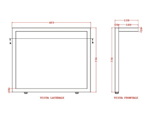 Technische Zeichnung eines Spiegels mit Maßangaben.