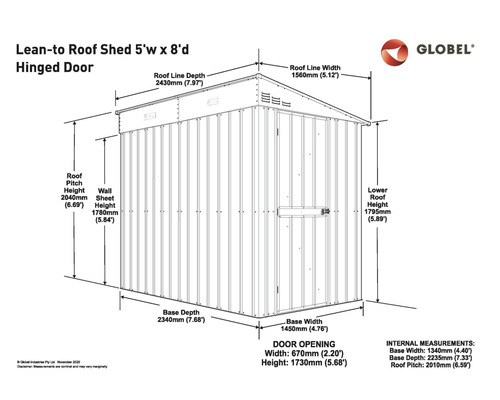 Maße des Gerätehauses mit Pultdach und Drehtür