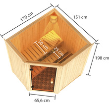 Elementsauna Karibu Alina inkl. 9 kW Ofen u.ext. Steuerung ohne Dachkranz mit bronzierter Ganzglastür