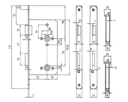 Technische Zeichnung eines Türschlosses mit Maßangaben.