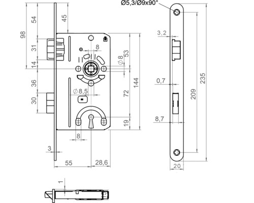Technische Zeichnung eines Türschlosses mit Maßangaben