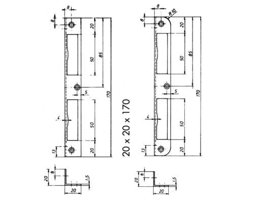 Technische Zeichnung eines Türschildes mit den Maßen 20 x 20 x 170 Millimeter.