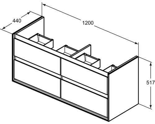 Technische Zeichnung eines Waschtischunterschranks mit den Maßen 1200 x 440 x 517 mm.