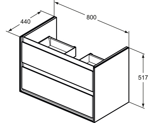 Technische Zeichnung eines Waschtischunterschranks mit zwei Schubladen und Maßangaben.