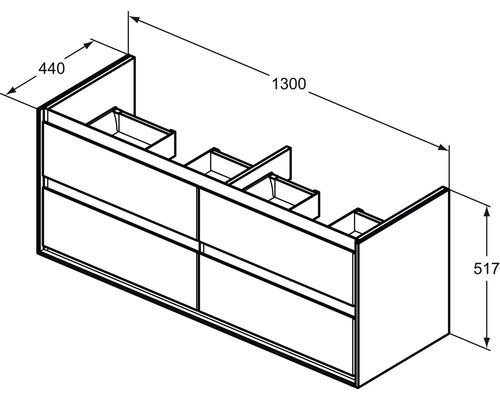 Zeichnung eines Waschtischunterschranks mit den Maßen 1300 x 440 x 517 mm.
