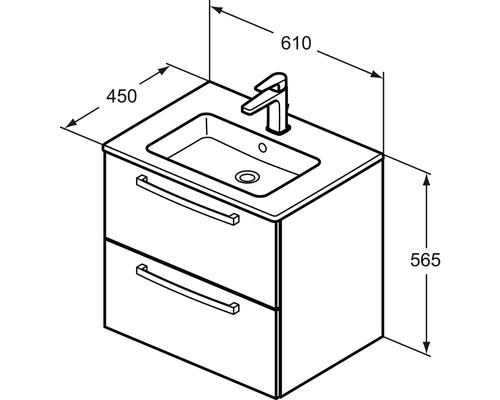 Zeichnung eines Waschtischunterschranks mit Waschbecken und Armatur, Maße 610 x 450 x 565 Millimeter.