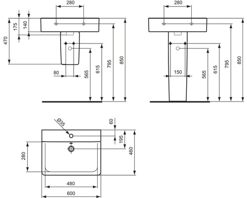 Technische Zeichnung eines Waschtisches mit Maßangaben.