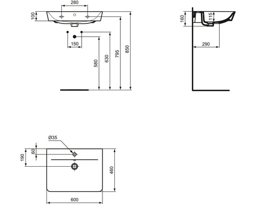 Technische Zeichnung eines Waschtisches mit Maßangaben