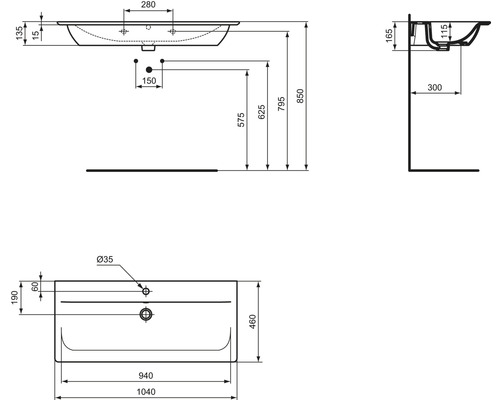 Technische Zeichnung eines Waschtisches mit Maßen.