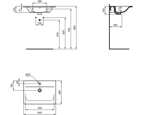Technische Zeichnung eines Waschbeckens mit Maßangaben