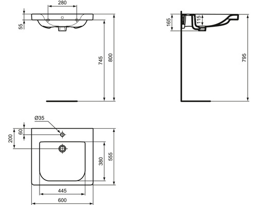 Technische Zeichnung eines Waschtisches mit Maßangaben