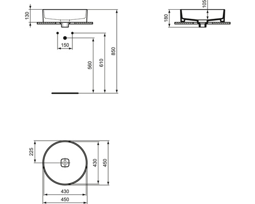 Technische Zeichnung eines Aufsatzwaschbeckens mit Maßangaben