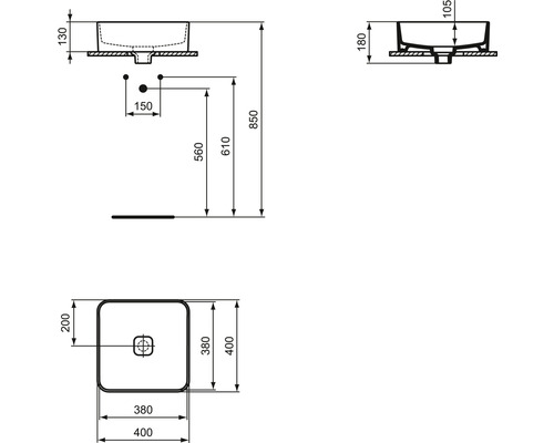 Technische Zeichnung eines Waschbeckens mit Maßen