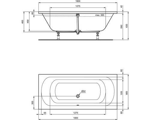 Technische Zeichnung einer Badewanne mit Maßen