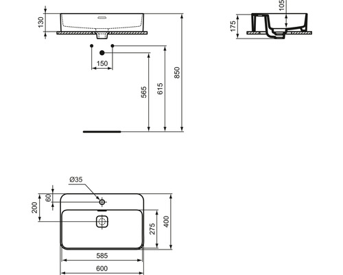 Technische Zeichnung eines Waschtisches mit Maßangaben