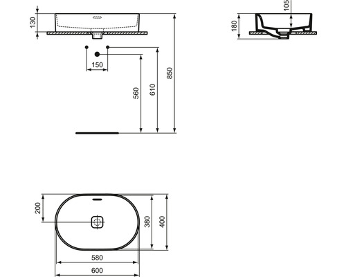 Technische Zeichnung eines Aufsatzwaschbeckens mit Maßangaben