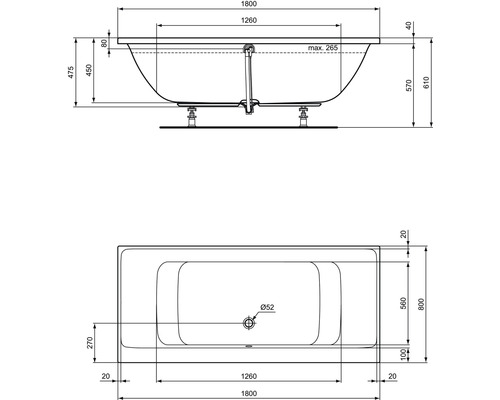 Technische Zeichnung einer Badewanne mit Maßangaben