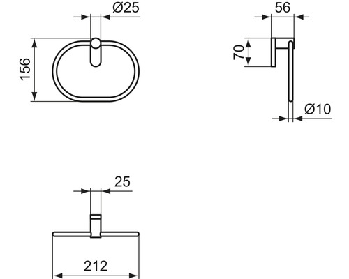 Technische Zeichnung eines Handtuchrings mit Maßangaben