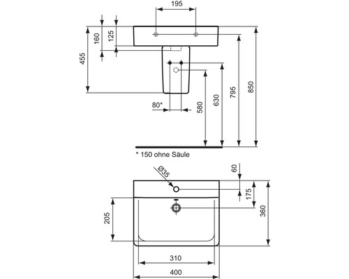 Maßzeichnung eines Waschbeckens mit allen Maßen