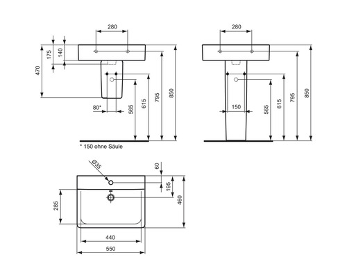 Technische Zeichnung Waschbecken mit Maßen