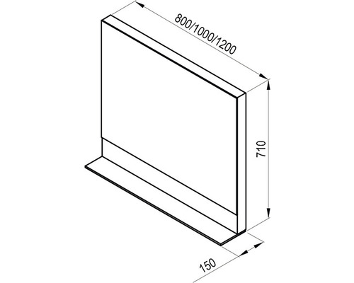Technische Zeichnung einer Duschwand mit den Maßen 800, 1000 oder 1200 Millimeter Breite, 710 Millimeter Höhe und 150 Millimeter Tiefe.
