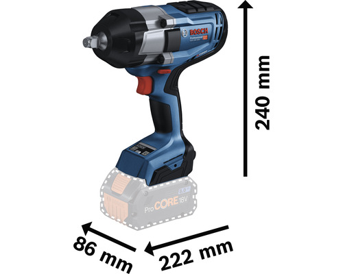 Bosch Akku-Schlagschrauber mit den Massen 240 mm Höhe, 86 mm Breite und 222 mm Länge.