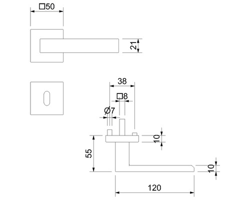 Technische Zeichnung eines Türdrückers mit Maßangaben