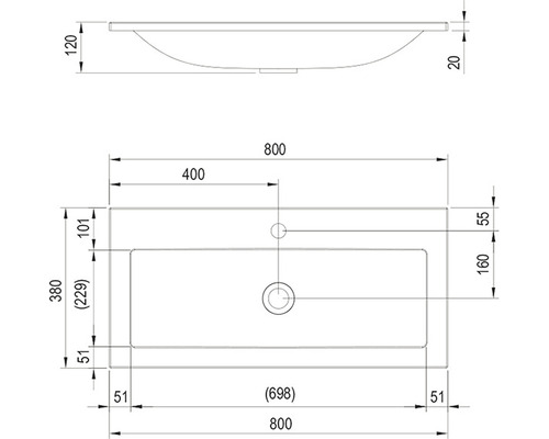 Technische Zeichnung eines Waschtischs mit Maßangaben