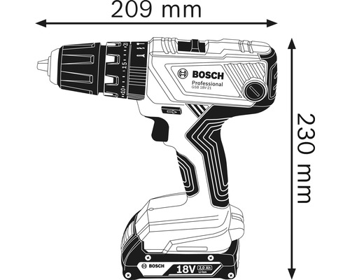 Bosch Professional GSB 18V-21 Akku-Schlagbohrschrauber Abmessungen: 209 mm Länge, 230 mm Höhe