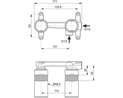 Technische Zeichnung einer Armatur mit Maßangaben