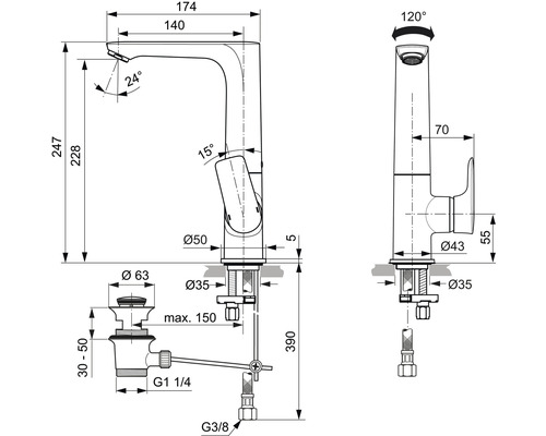 Technische Zeichnung einer Armatur mit Maßangaben