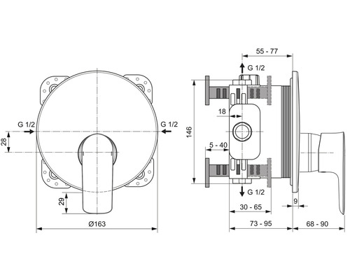 Technische Zeichnung einer Badezimmerarmatur mit Maßangaben