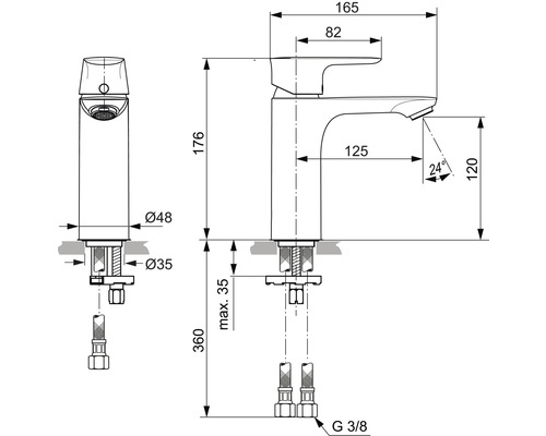 Technische Zeichnung einer Waschtischarmatur mit Maßangaben