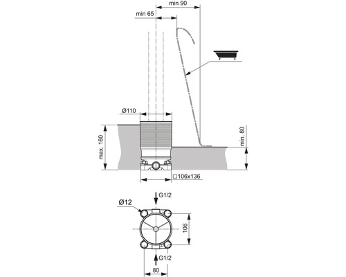 Technische Zeichnung eines Siphons mit Maßangaben
