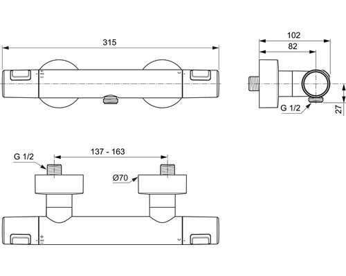 Technische Zeichnung einer Duscharmatur mit Maßangaben