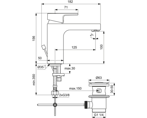Technische Zeichnung einer Armatur mit Maßangaben