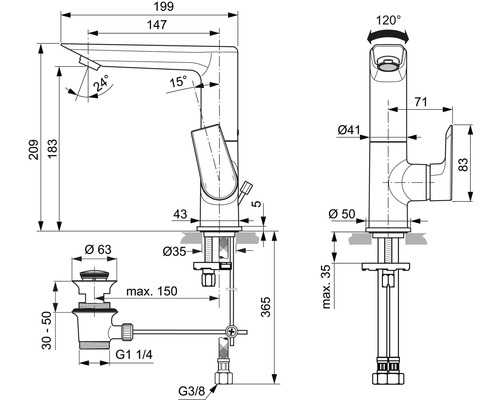 Technische Zeichnung einer Armatur mit Maßangaben