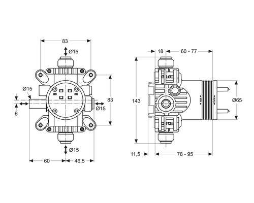 Technische Zeichnung eines Verteilers mit Maßangaben