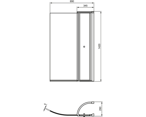 Technische Zeichnung einer Duschkabine mit Maßangaben