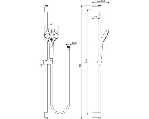 Technische Zeichnung eines Duschsets mit Handbrause und Brausestange mit Maßangaben