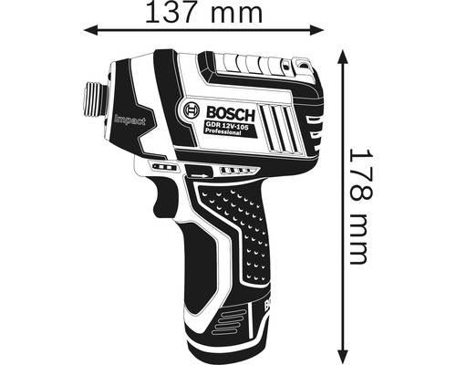 Bosch GTR 12V-105 Professional Akku-Drehschlagschrauber mit Maßangaben: 137 mm Breite und 178 mm Höhe