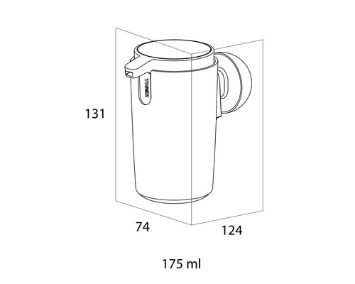 Technische Zeichnung eines Seifenspenders mit Maßangaben