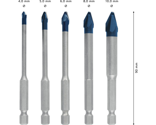 Set aus fünf Glasbohrern mit Durchmessern von 4,0 mm bis 10,0 mm und einer Länge von 90 mm.